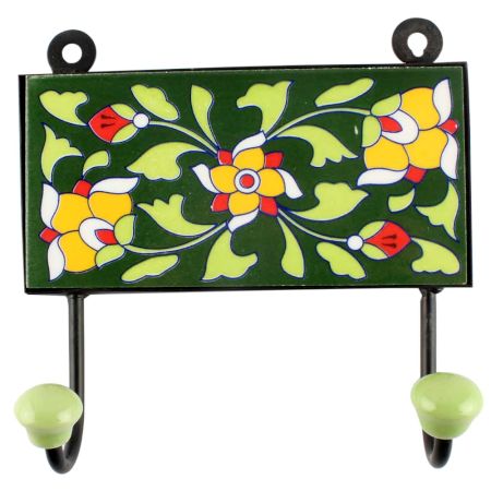 Forest Green Ceramic Floral Tile Hook